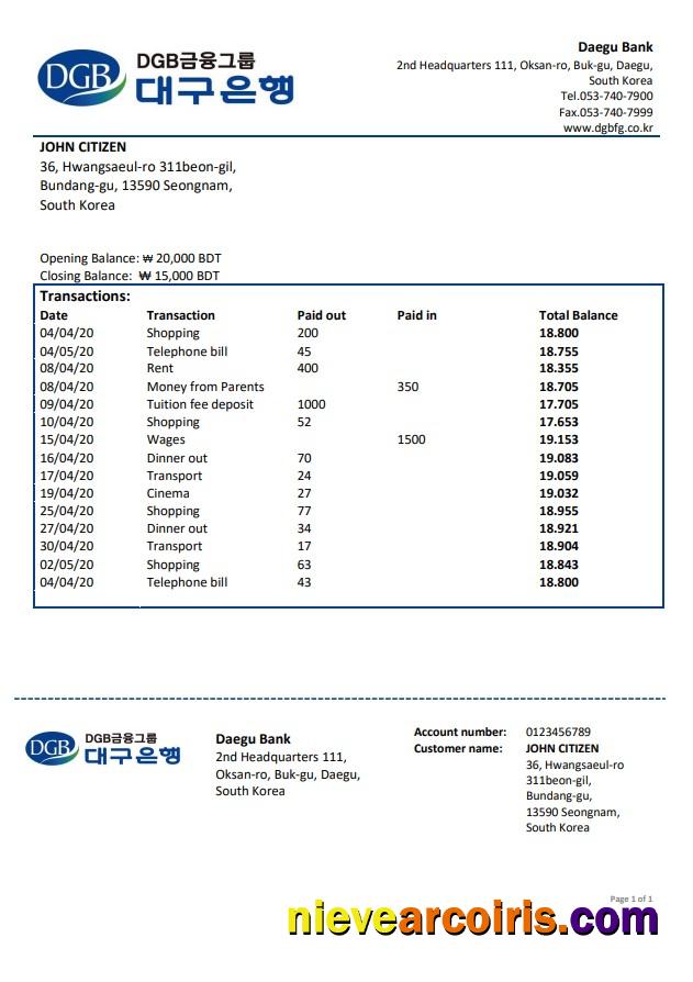 South Korea Daegu bank proof of address statement in Word and PDF format